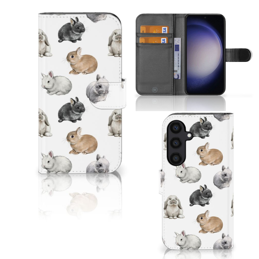 Samsung Galaxy S24 Telefoonhoesje met Pasjes Konijntjes voorkant achterkant binnenkant