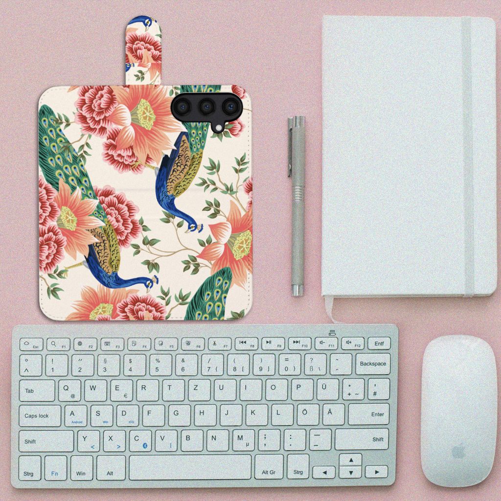 Samsung Galaxy S24 Telefoonhoesje met Pasjes Pink Peacock voorkant