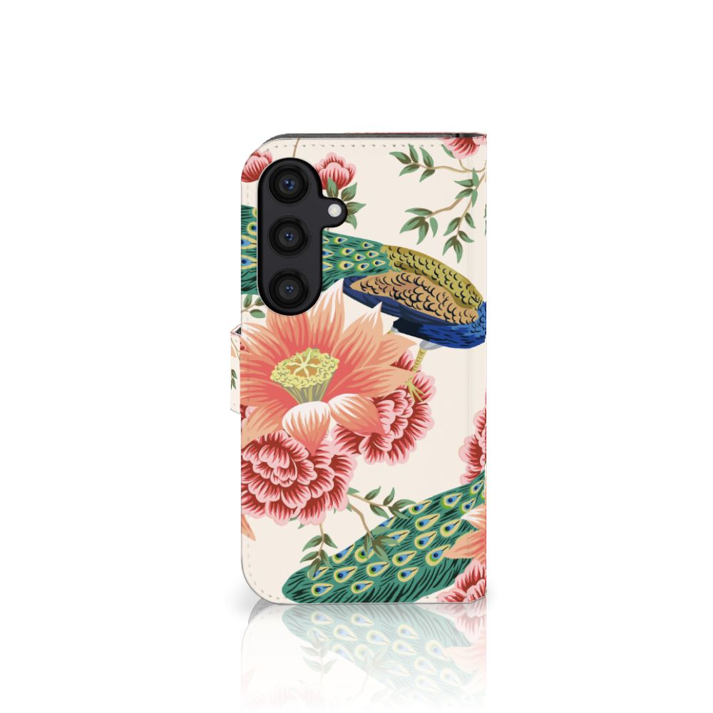 Samsung Galaxy S24 Telefoonhoesje met Pasjes Pink Peacock achterkant