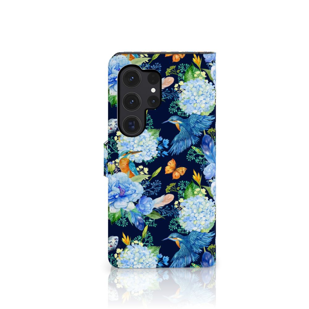 Samsung Galaxy S24 Ultra Telefoonhoesje met Pasjes IJsvogel bloemen met vlinders aanzicht