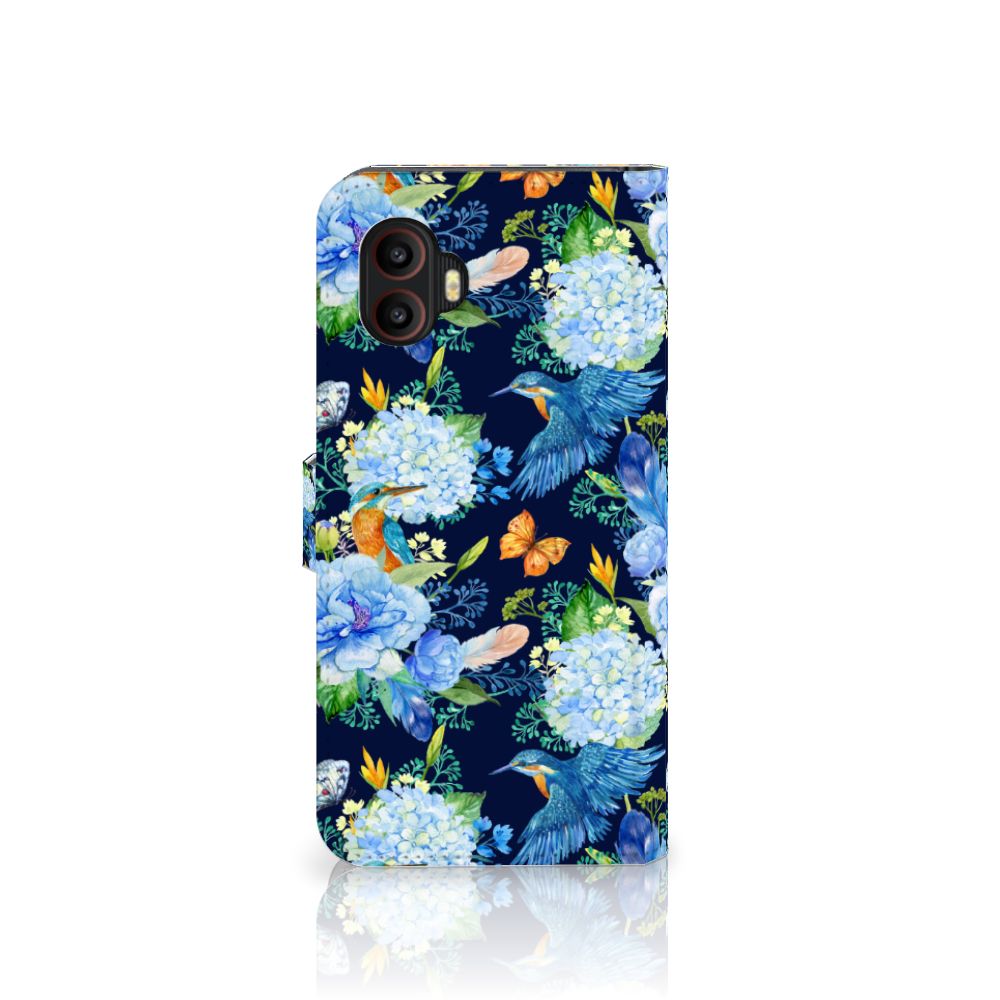 Samsung Galaxy Xcover 6 Pro Telefoonhoesje met Pasjes IJsvogel bloemen design zijaanzicht