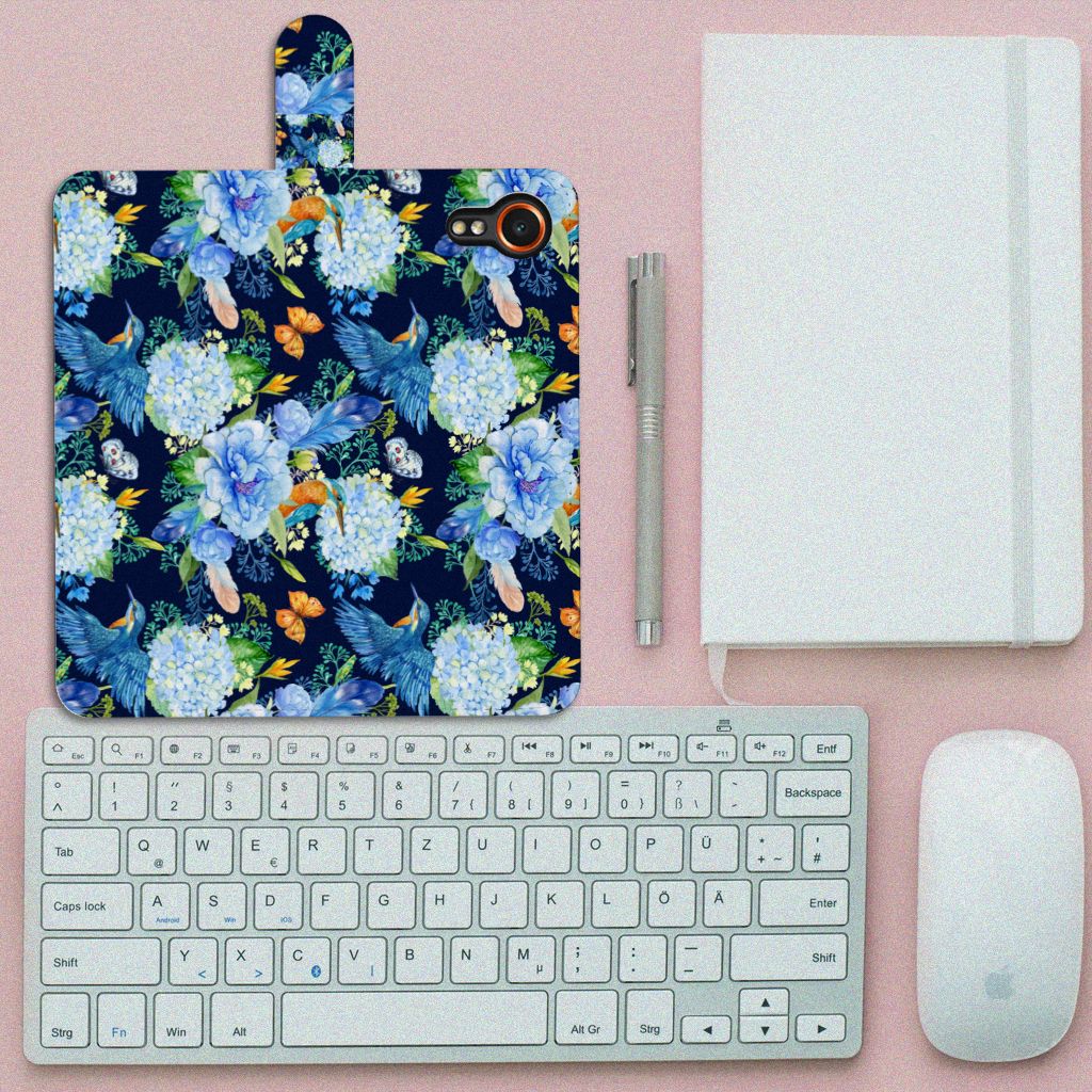 Samsung Galaxy Xcover 7 IJsvogel Telefoonhoesje met Pasjes bloemenprint bovenaanzicht
