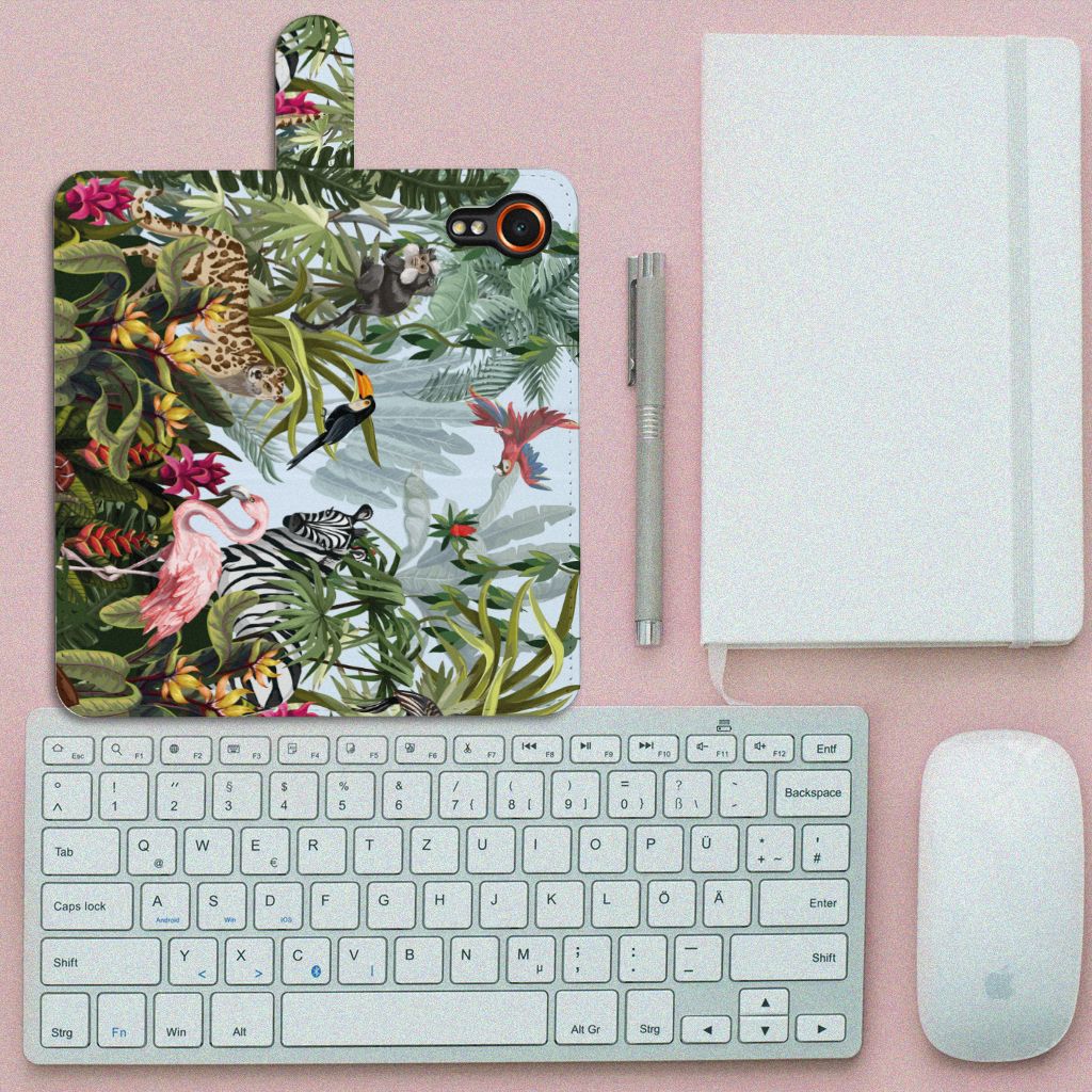 Samsung Galaxy Xcover 7 Telefoonhoesje met Pasjes Jungle design bovenaanzicht