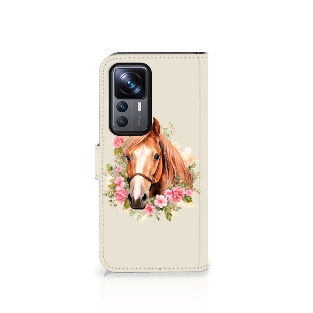 Telefoonhoesje met Pasjes voor Xiaomi 12T | 12T Pro Paard met bloemen, perfect cadeau voor paardenliefhebbers.