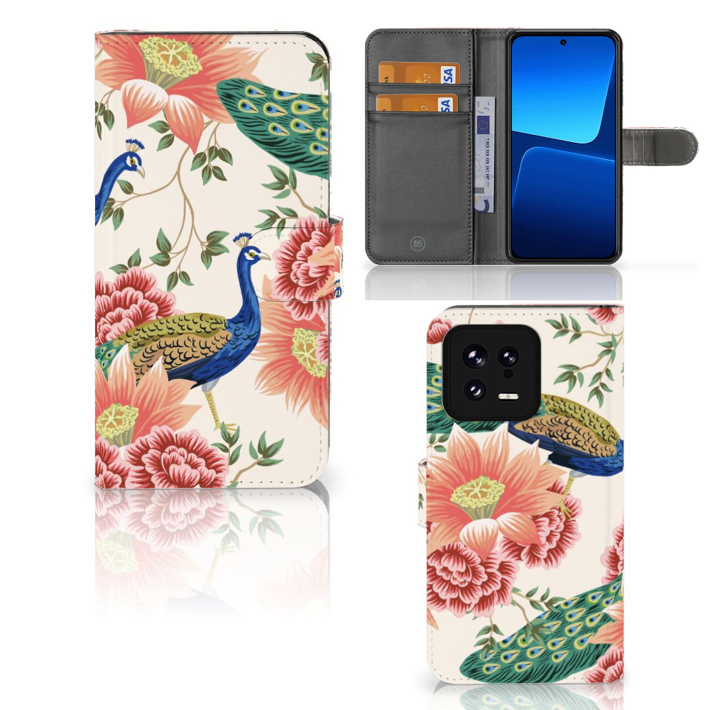 Xiaomi 13 Telefoonhoesje met Pasjes Pink Peacock voorkant achterkant binnenkant
