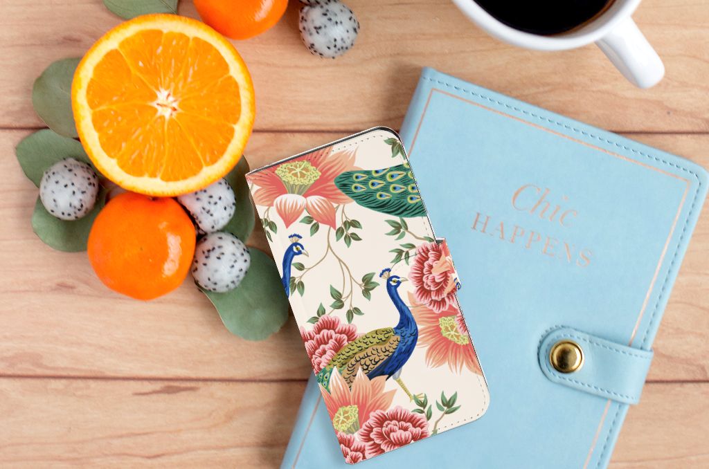 Telefoonhoesje met Pasjes voor Xiaomi 13 Pink Peacock design voorkant fruit notebook