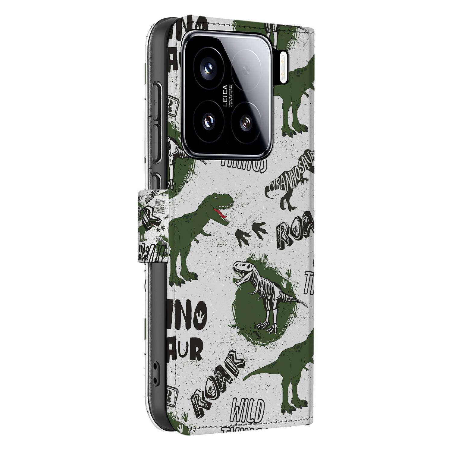 Xiaomi 15 Telefoonhoesje met Pasjes Dinosaurus boek case zijaanzicht
