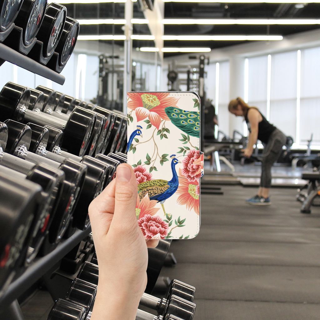Telefoonhoesje met Pasjes voor Xiaomi Poco F5 Pink Peacock design bloemen aanzicht