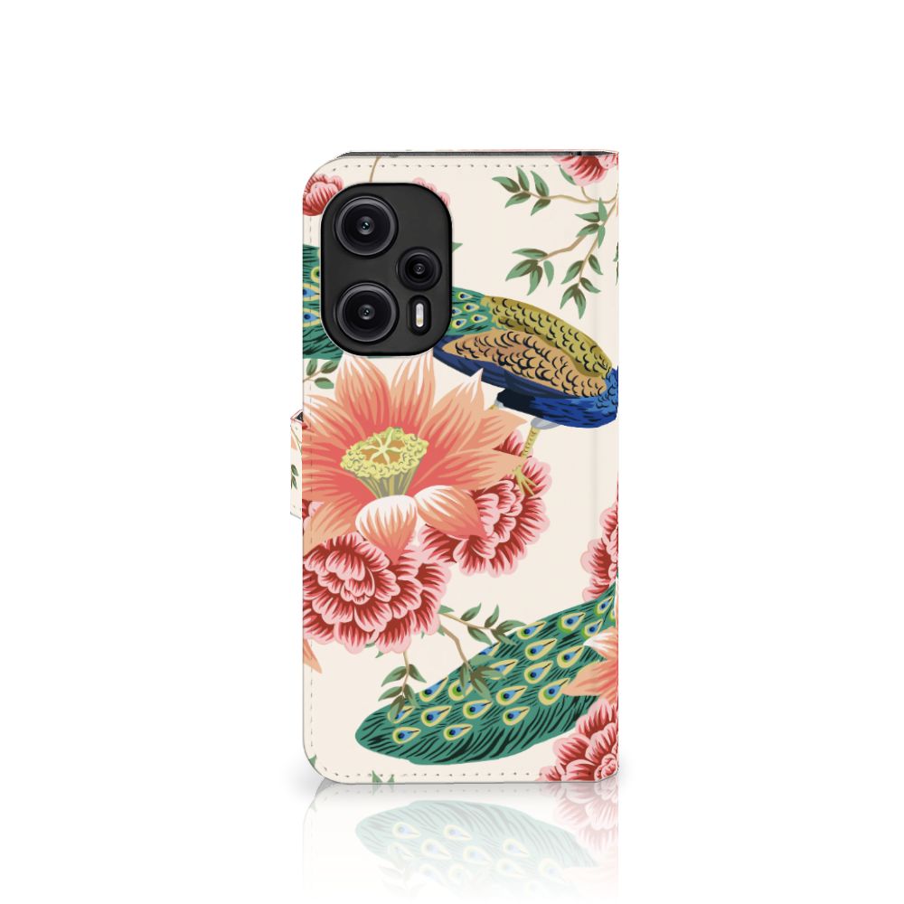 Telefoonhoesje met Pasjes voor Xiaomi Poco F5 Pink Peacock hoesje pauw bloemen aanzicht