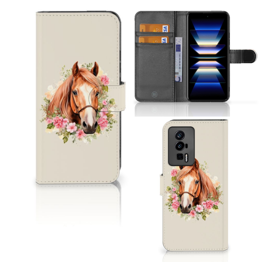Xiaomi Poco F5 Pro Telefoonhoesje met Pasjes Paard voorkant zijkant binnen