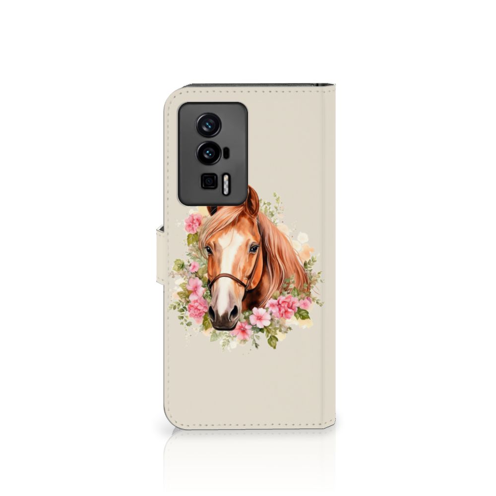 Xiaomi Poco F5 Pro Telefoonhoesje met Pasjes Paard bloemen aanzicht