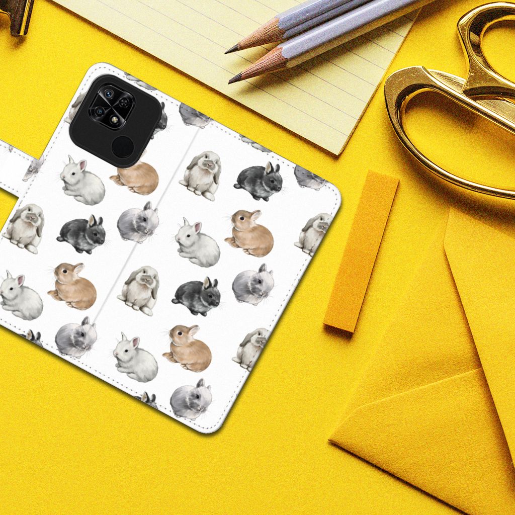 Xiaomi Redmi 10C Telefoonhoesje met Pasjes Konijntjes bovenaanzicht