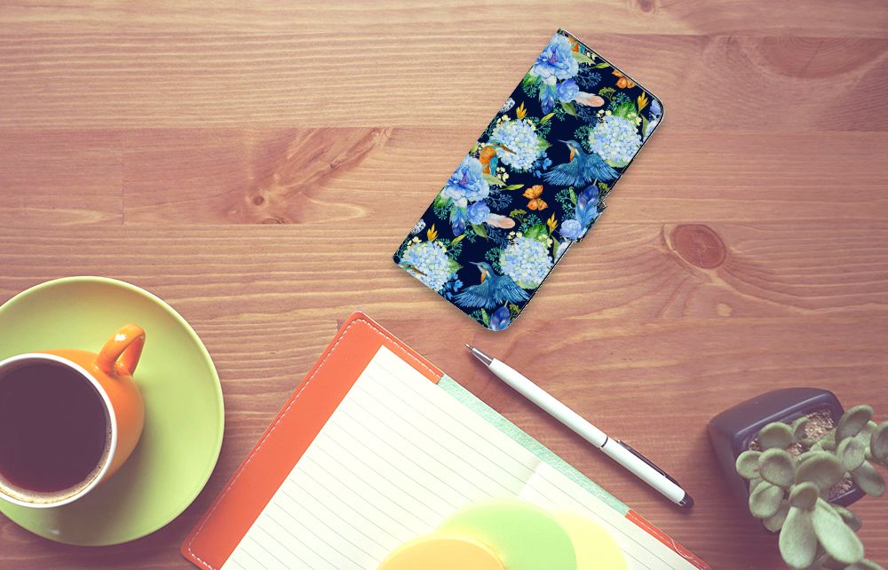 Xiaomi Redmi 12 Telefoonhoesje met Pasjes IJsvogel bovenaanzicht kleurrijk bloemen