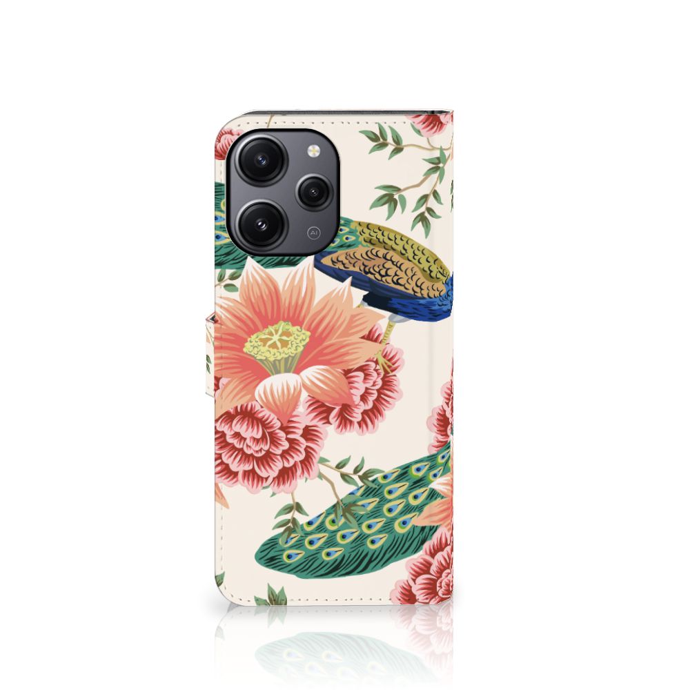 Telefoonhoesje met Pasjes voor Xiaomi Redmi 12 Pink Peacock design pauw bloemen zijkant