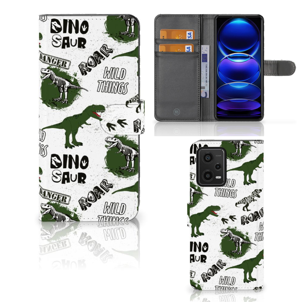 Telefoonhoesje met Pasjes voor Xiaomi Redmi Note 12 5G | Poco X5 Dinosaurus dino design voorkant en binnenkant