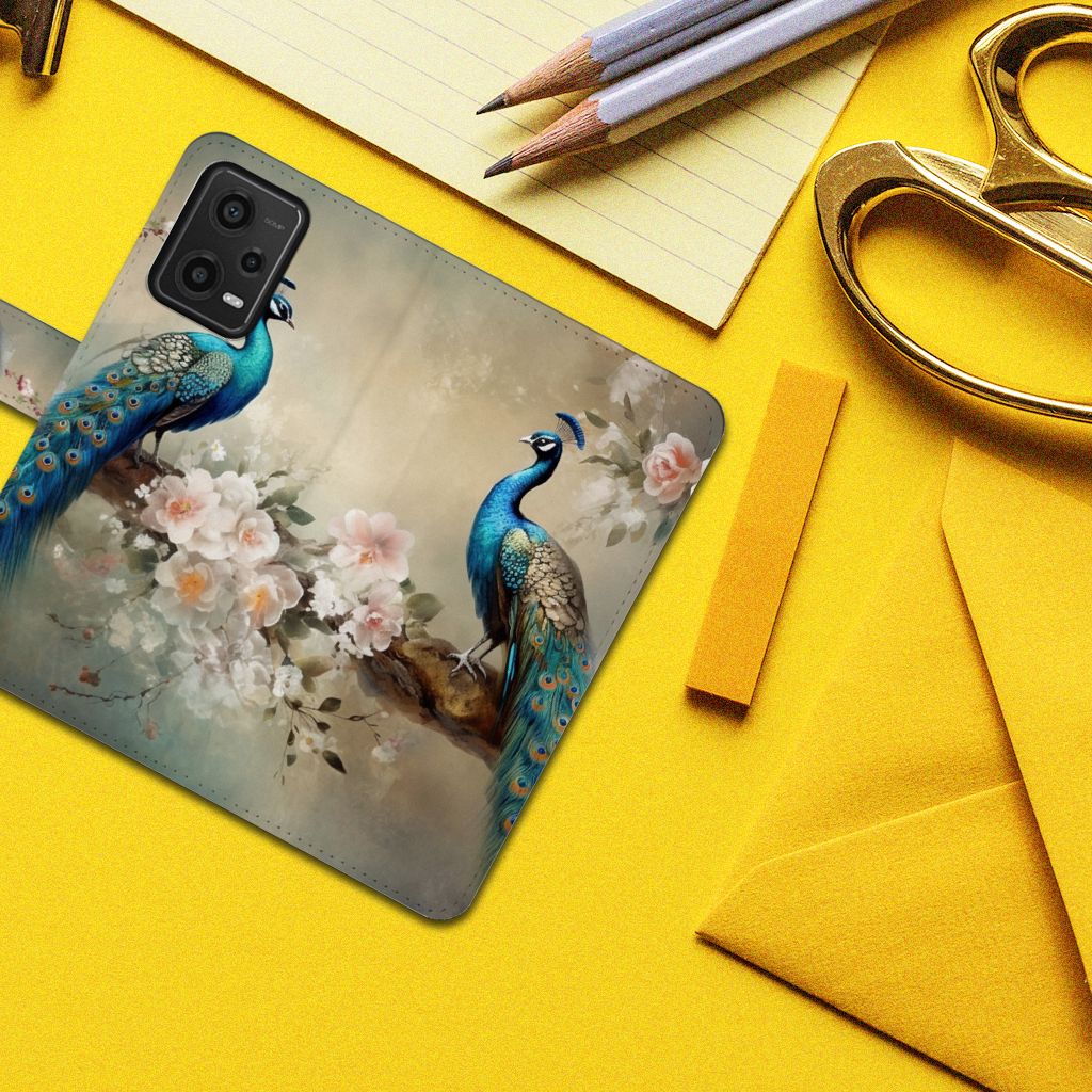 Xiaomi Redmi Note 12 5G Poco X5 Telefoonhoesje met Pasjes Vintage Pauwen bovenaanzicht