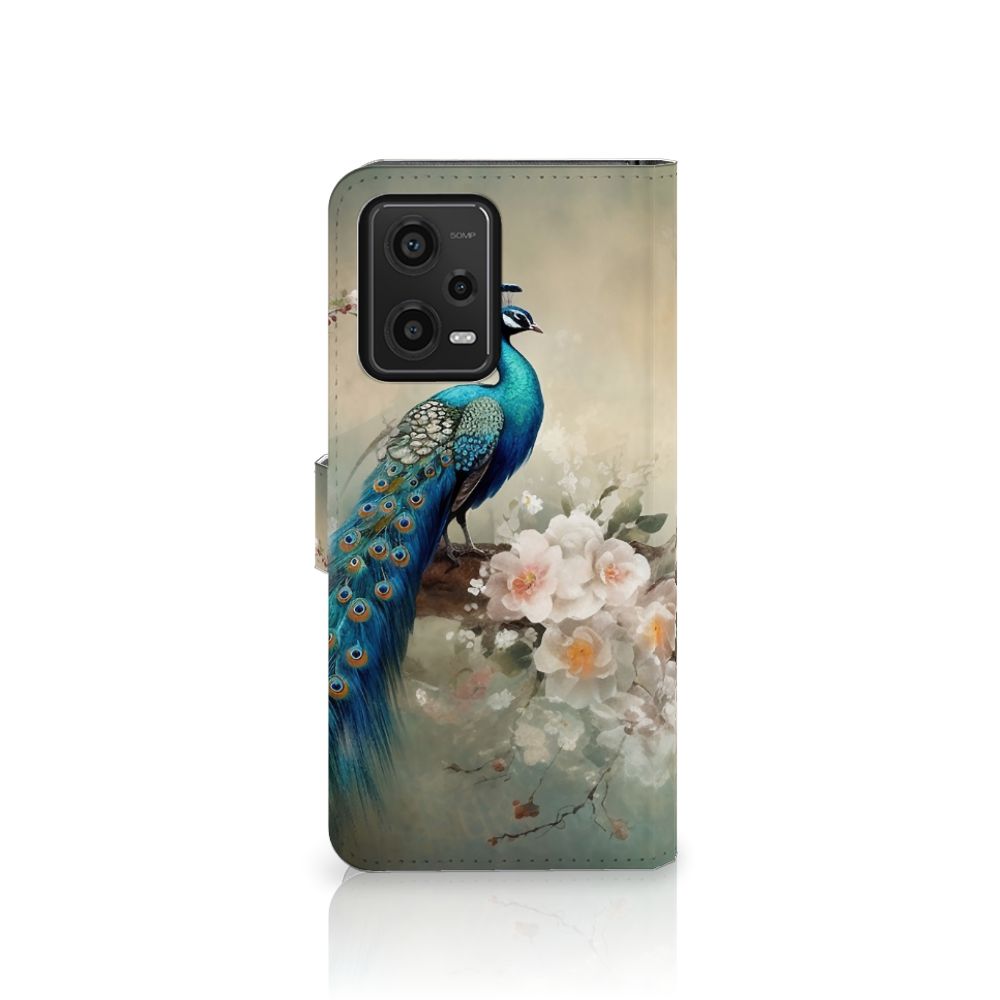 Telefoonhoesje met Pasjes voor Xiaomi Redmi Note 12 5G Poco X5 Vintage Pauwen zijaanzicht