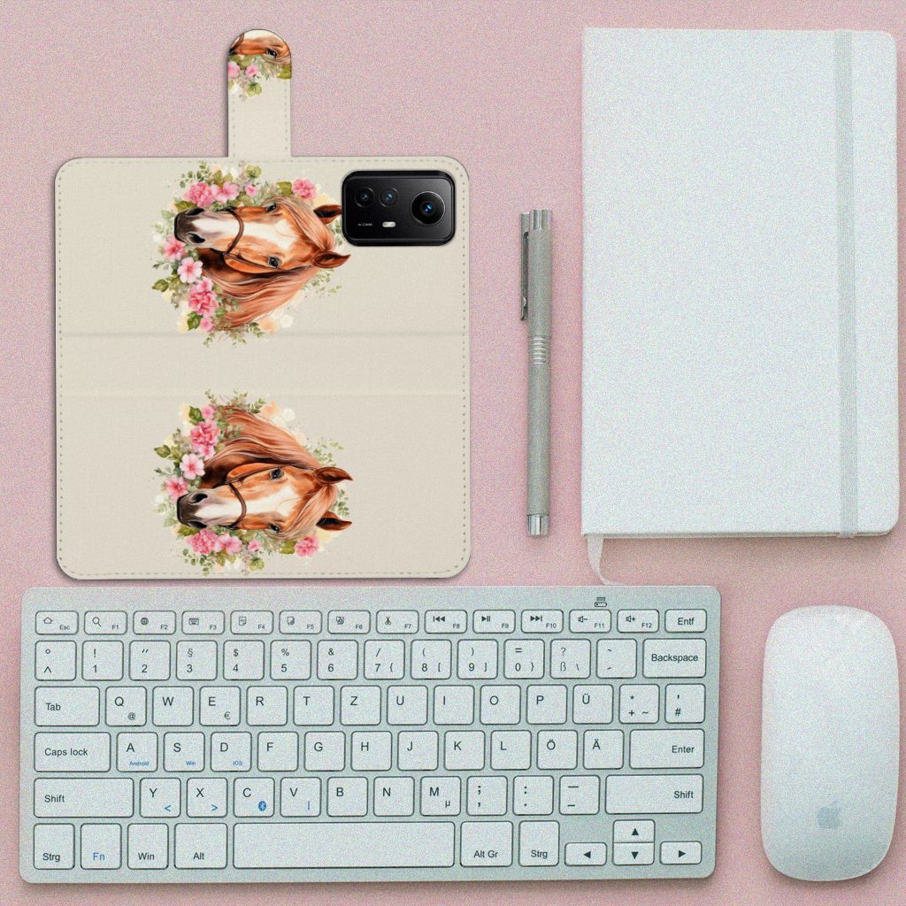 Xiaomi Redmi Note 12S Telefoonhoesje met Pasjes Paard bovenaanzicht met toetsenbord en notitieboek