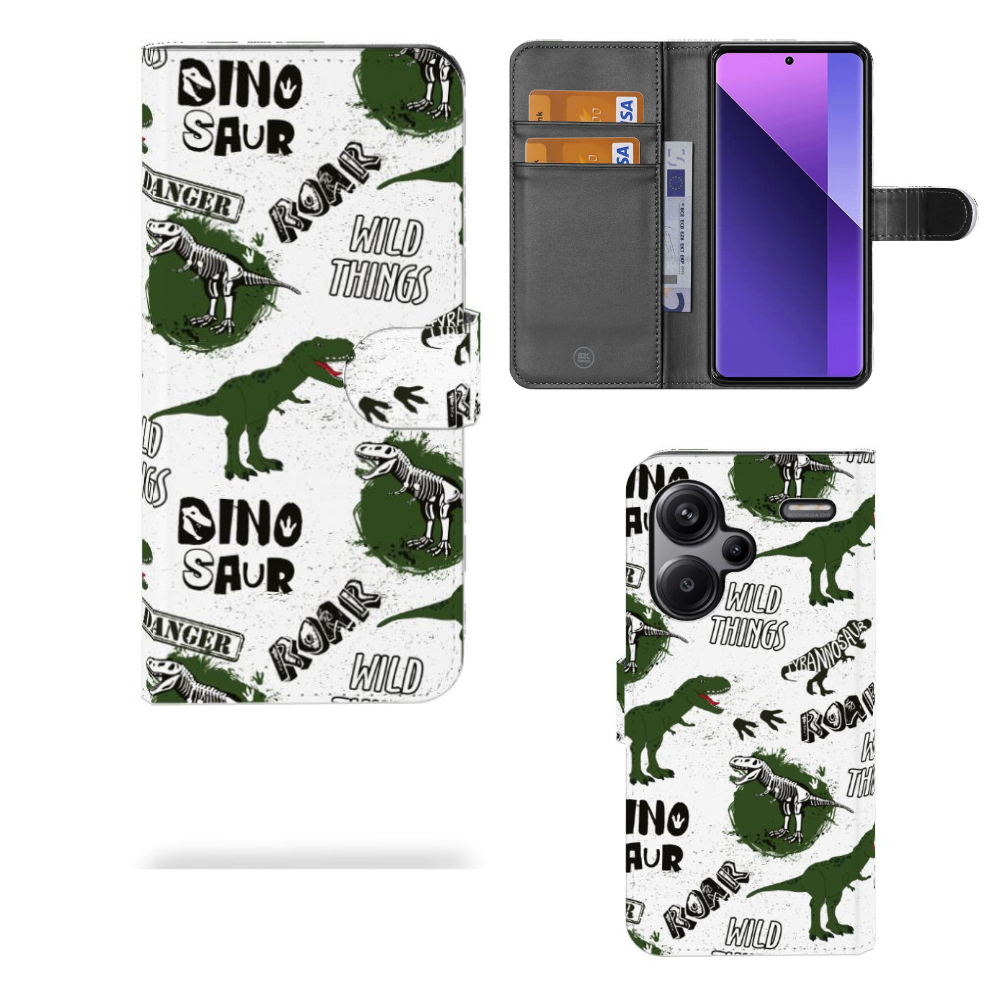 Xiaomi Redmi Note 13 Pro Plus Telefoonhoesje met Pasjes Dinosaurus dino design voorkant achterkant