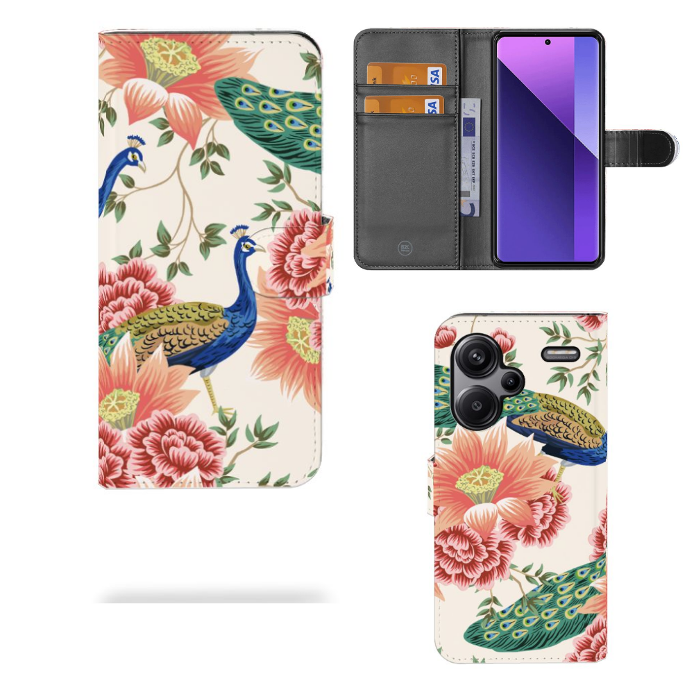 Xiaomi Redmi Note 13 Pro Plus Telefoonhoesje met Pasjes Pink Peacock voorkant binnenkant achterkant
