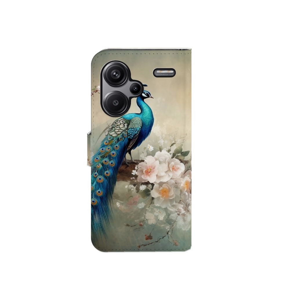 Telefoonhoesje met Pasjes voor Xiaomi Redmi Note 13 Pro Plus Vintage Pauwen met prachtige pauwen veren en bloemen 🌸.