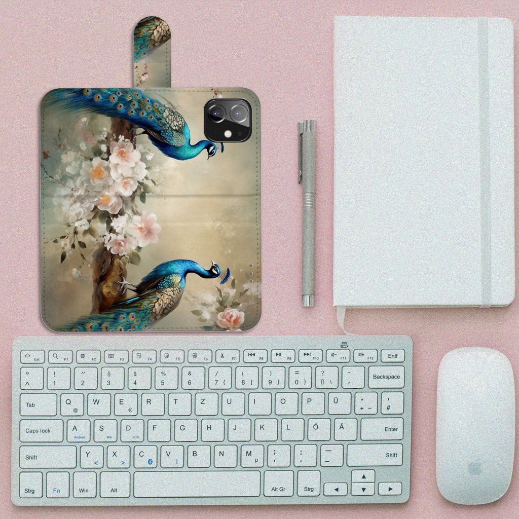 Telefoonhoesje met Pasjes voor iPhone 12 | 12 Pro (6.1") Vintage Pauwen