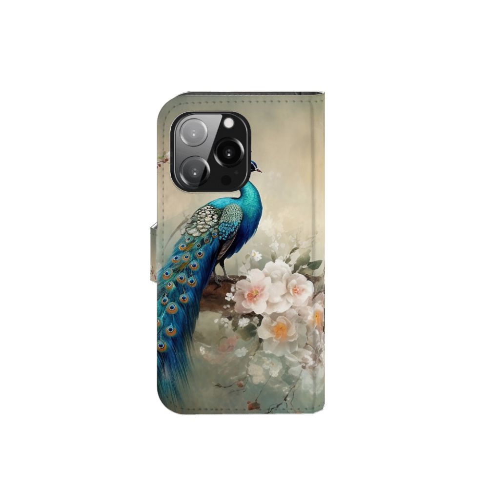 Telefoonhoesje met Pasjes voor iPhone 13 Pro Vintage Pauwen met prachtige pauw en bloemen.