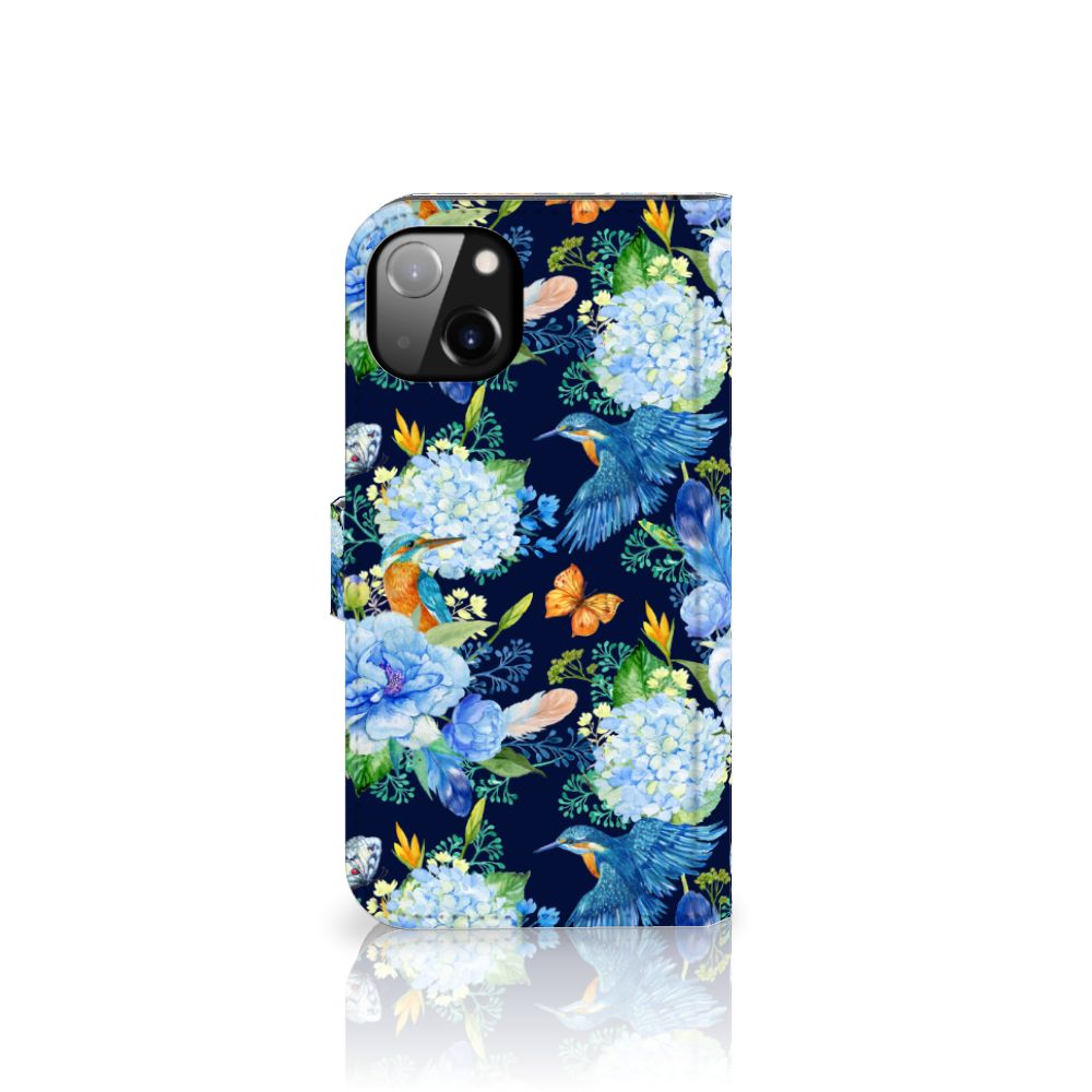 Telefoonhoesje met Pasjes voor iPhone 14 Plus IJsvogel met bloemendesign en kleurrijke ijsvogels 🐦.
