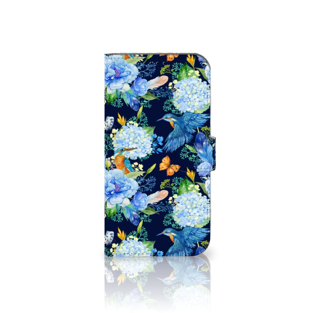 Telefoonhoesje met Pasjes voor iPhone 14 Plus IJsvogel met bloemen en vlinders 🌼🦋