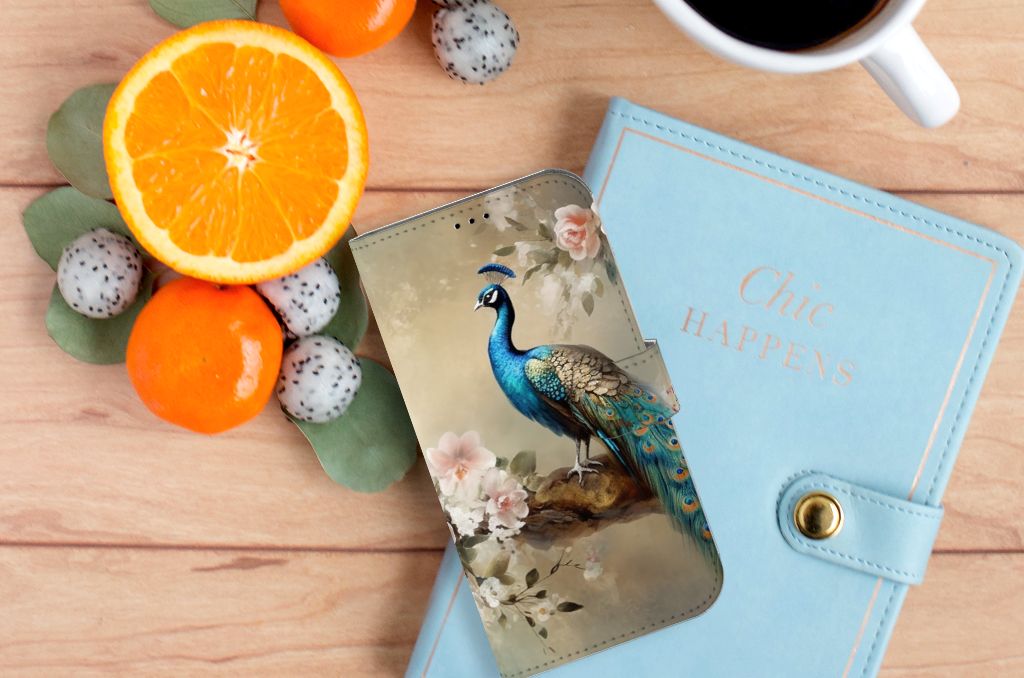 Telefoonhoesje met Pasjes voor iPhone 14 Plus Vintage Pauwen, prachtig met kleurrijke pauwenveren 🍃