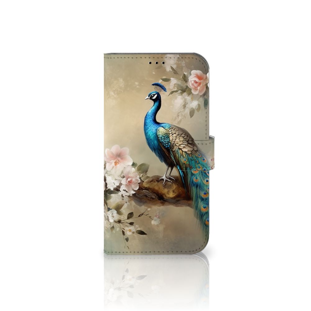Telefoonhoesje met Pasjes voor iPhone 14 Plus Vintage Pauwen met een kleurrijke pauw op een bloemenachtergrond.