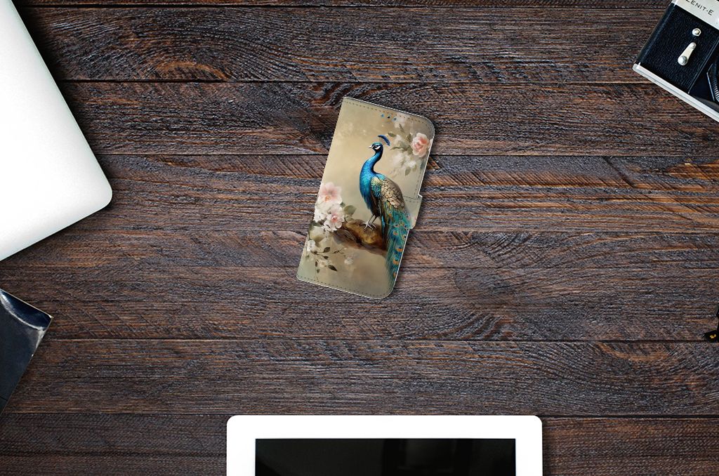 Telefoonhoesje met Pasjes voor iPhone 14 Pro Vintage Pauwen met kleurrijke pauw en bloemen decoratie.