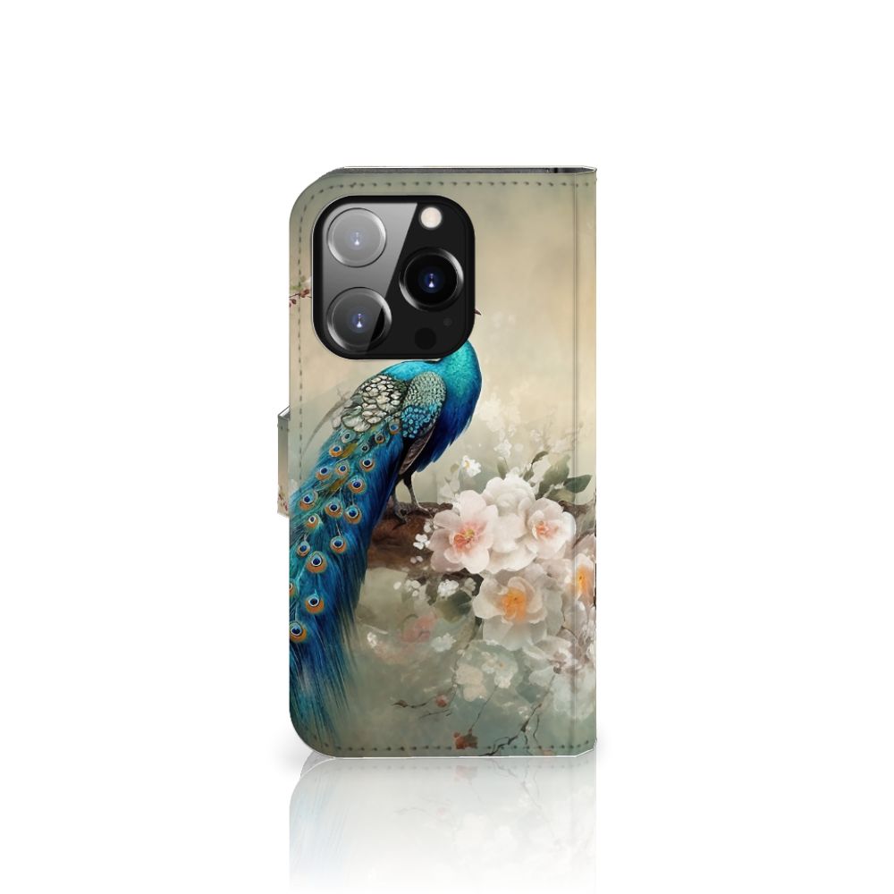 Telefoonhoesje met Pasjes voor iPhone 14 Pro Vintage Pauwen met een prachtig pauwdesign en bloemen.