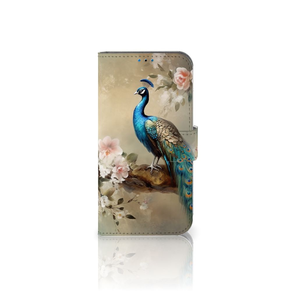 Telefoonhoesje met Pasjes voor iPhone 14 Pro Vintage Pauwen met een prachtige pauw in bloemen.