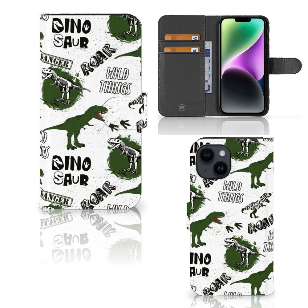 Telefoonhoesje met Pasjes voor iPhone 15 Dinosaurus met dino-design en pasjeshouder.