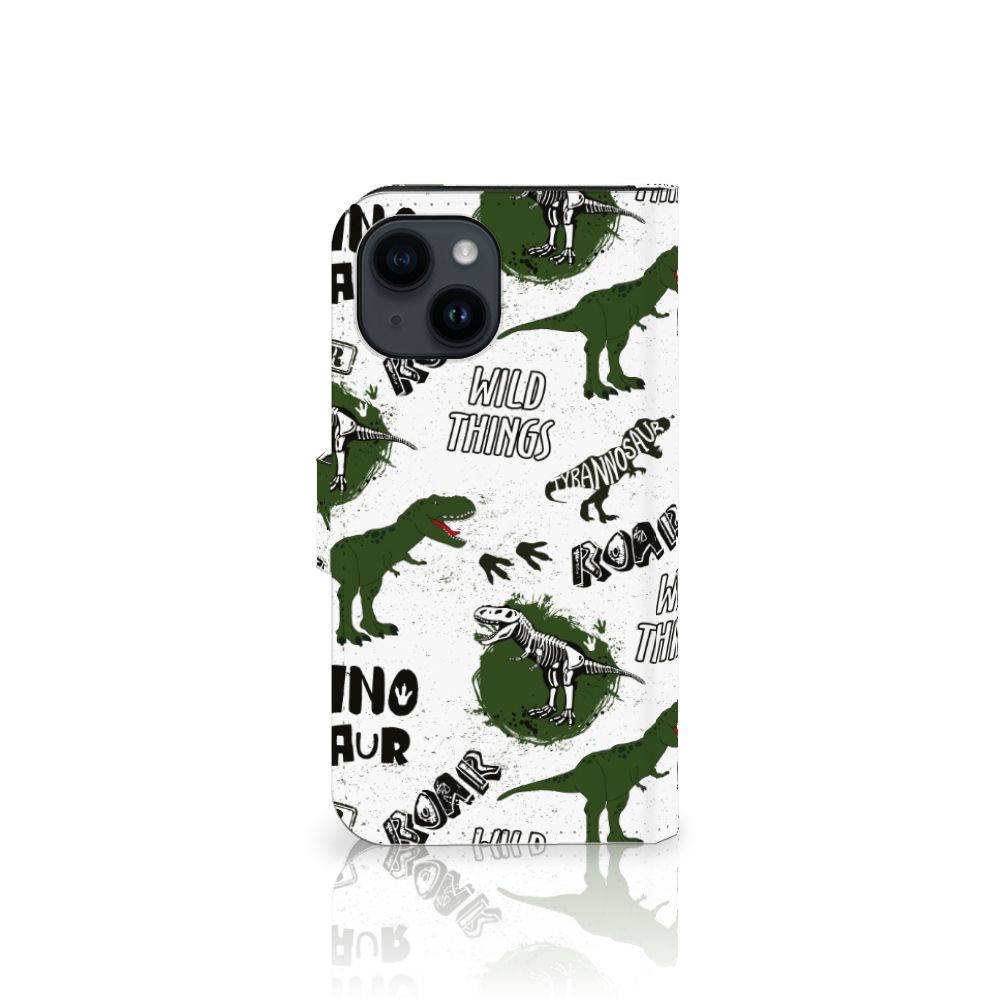 Telefoonhoesje met Pasjes voor iPhone 15 Dinosaurus met dino's en skeletten in groen en zwart.