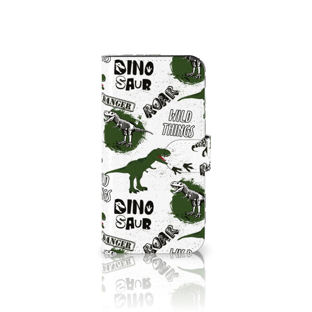 Telefoonhoesje met Pasjes voor iPhone 15 Dinosaurus met dino design, skeletten en pootafdrukken.