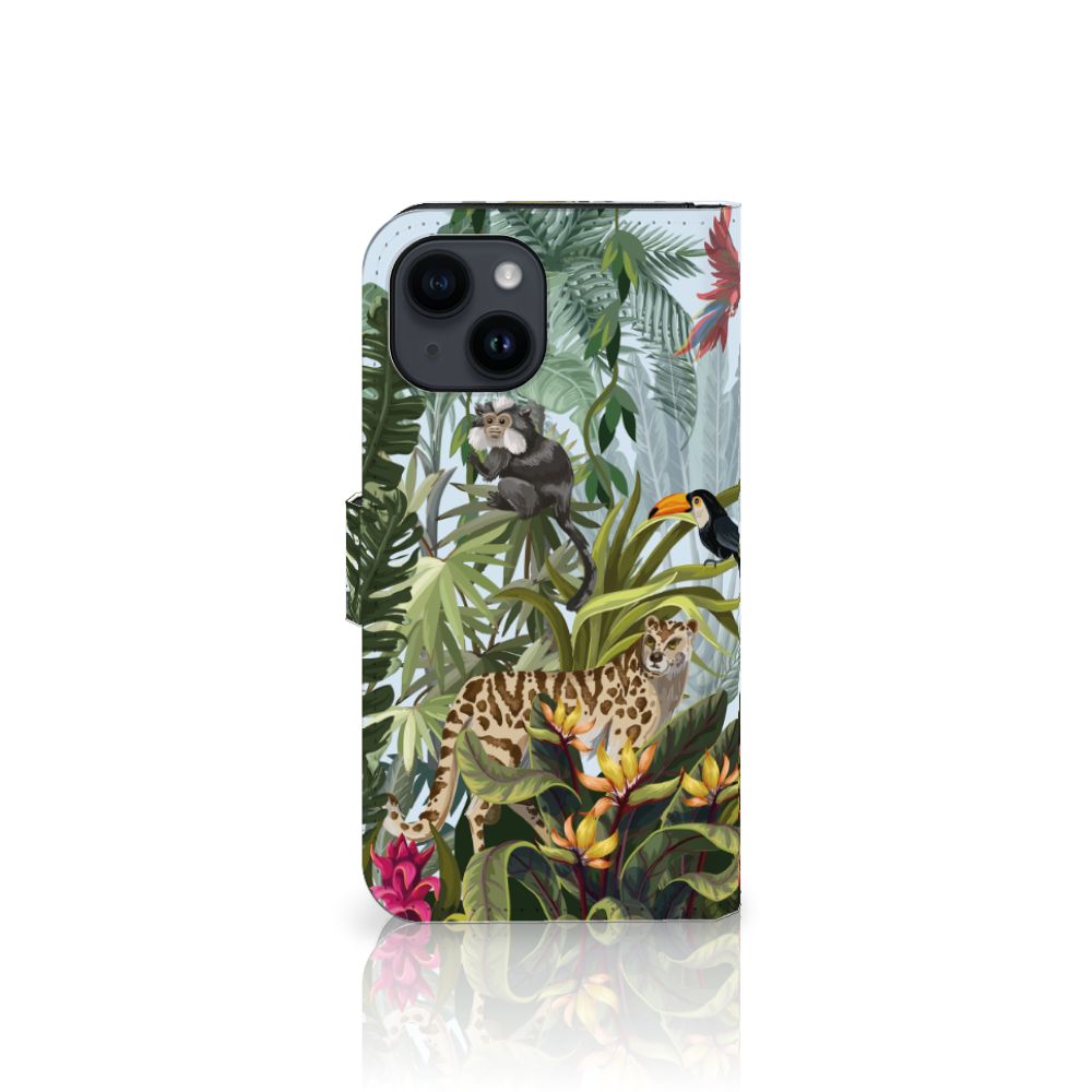 Telefoonhoesje met Pasjes voor iPhone 15 Jungle met tropische dieren zoals een jaguar 🐆 en een tucaan.