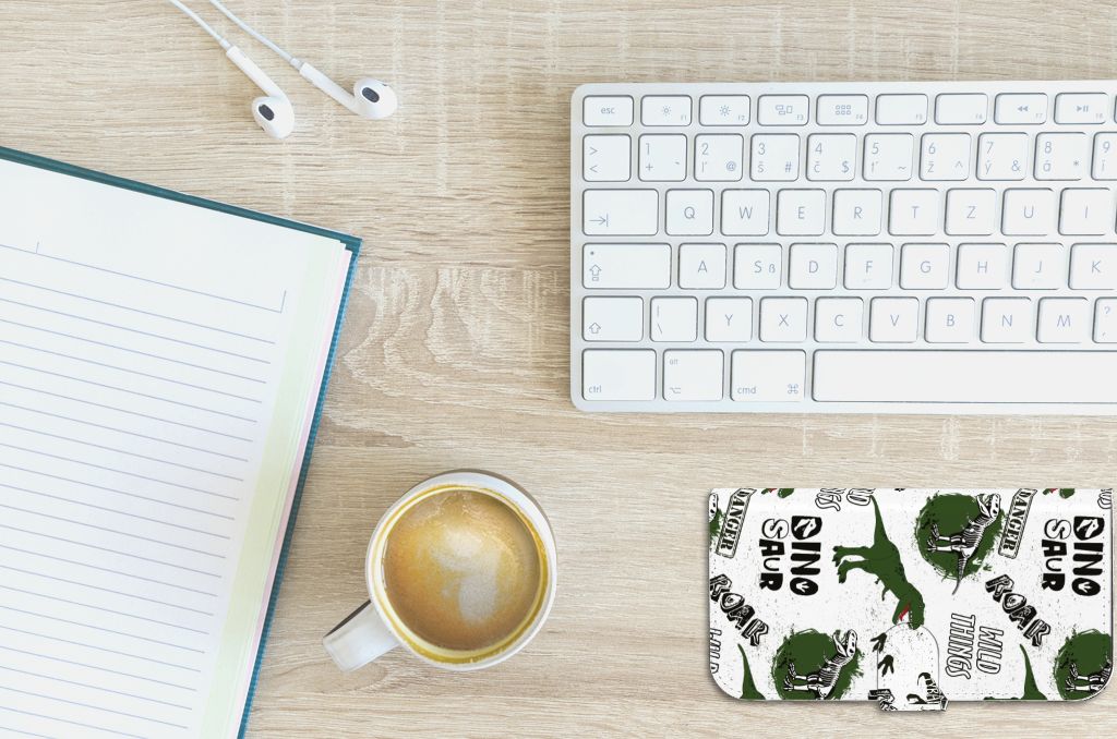 Telefoonhoesje met Pasjes voor iPhone 15 Plus Dinosaurus dino design bovenaanzicht bureau