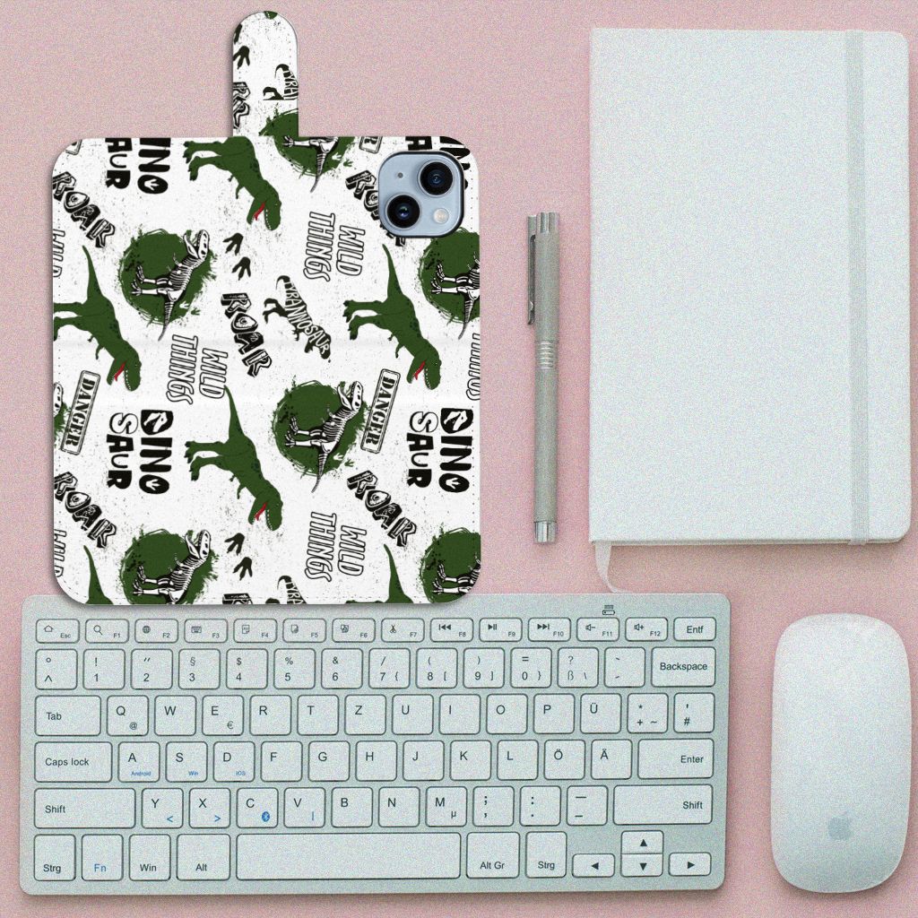 Apple iPhone 15 Plus Telefoonhoesje met Pasjes Dinosaurus bovenaanzicht