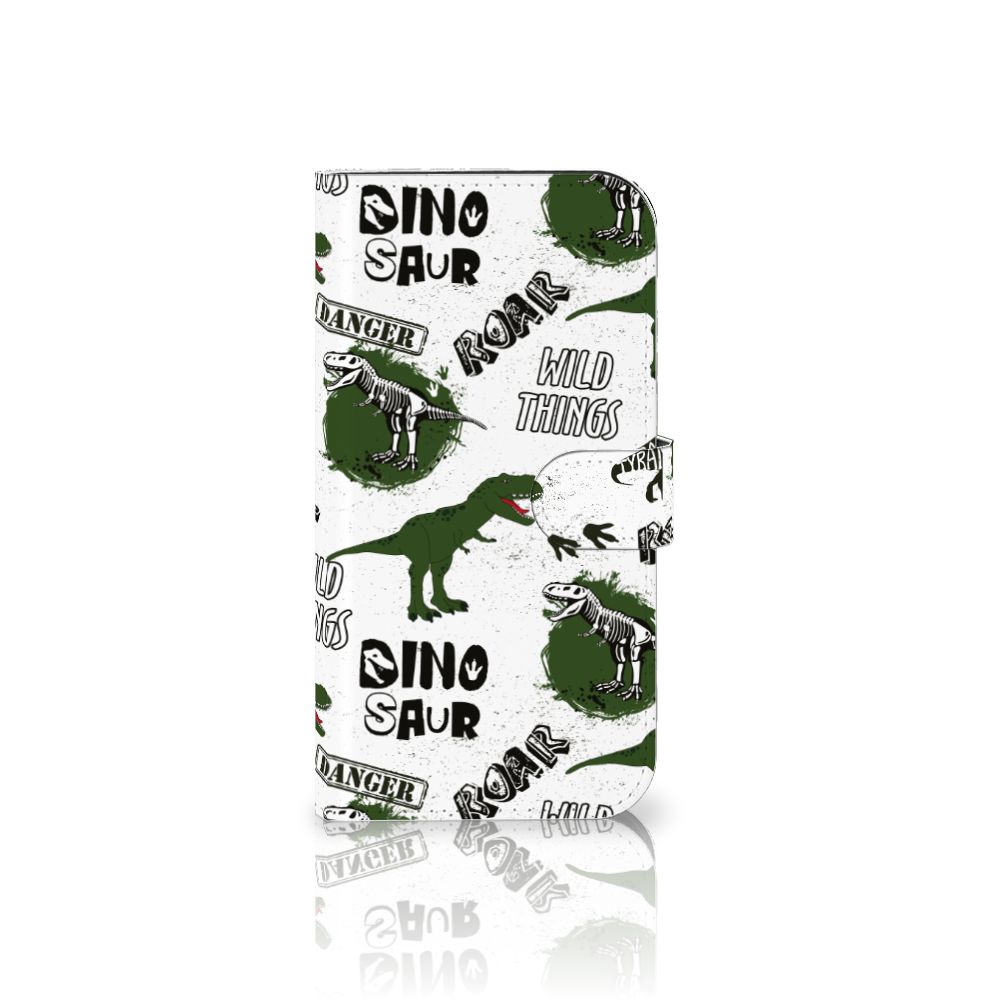 Telefoonhoesje met Pasjes voor iPhone 15 Plus Dinosaurus dino design voorkant