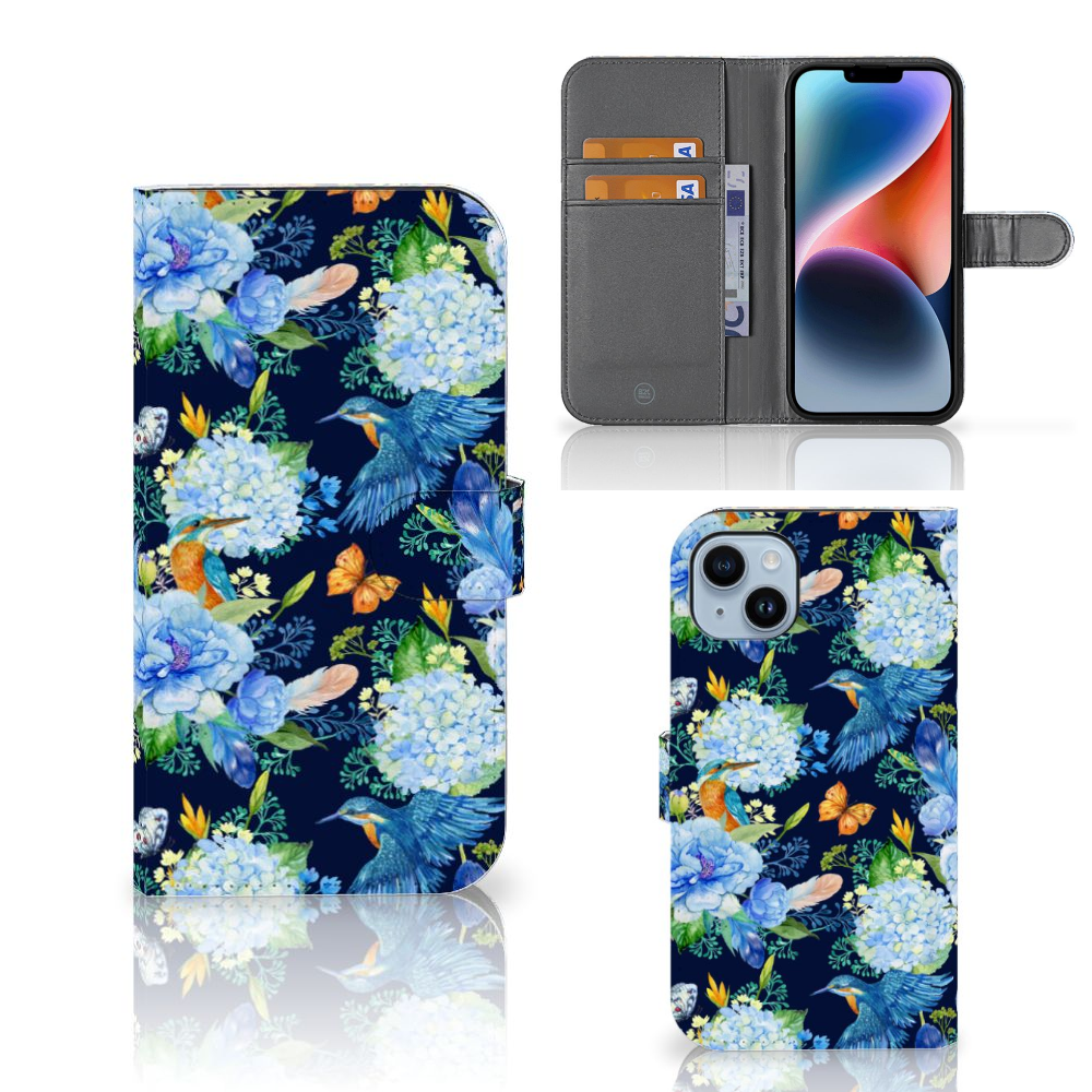 Telefoonhoesje met Pasjes voor iPhone 15 Plus IJsvogel bloemen voorkant achterkant