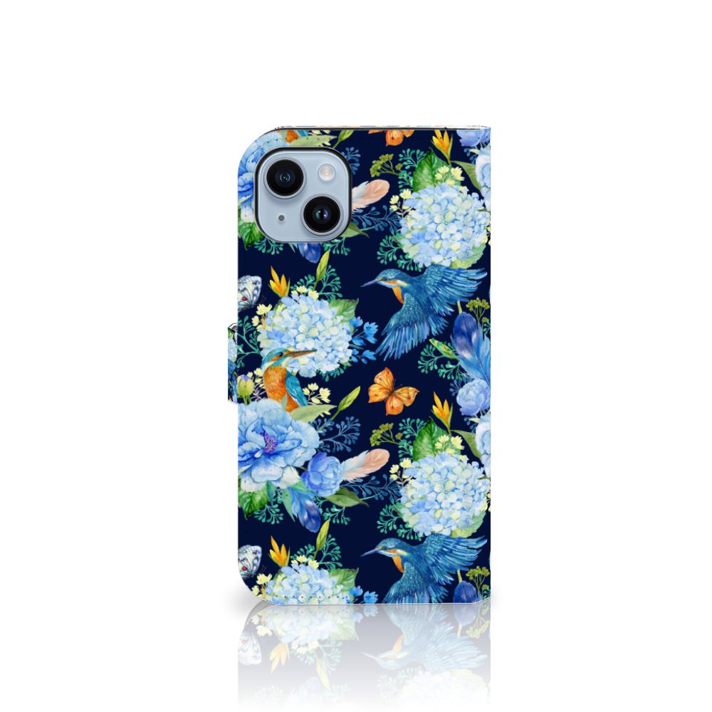 Telefoonhoesje met Pasjes voor iPhone 15 Plus IJsvogel bloemen patroon zijaanzicht