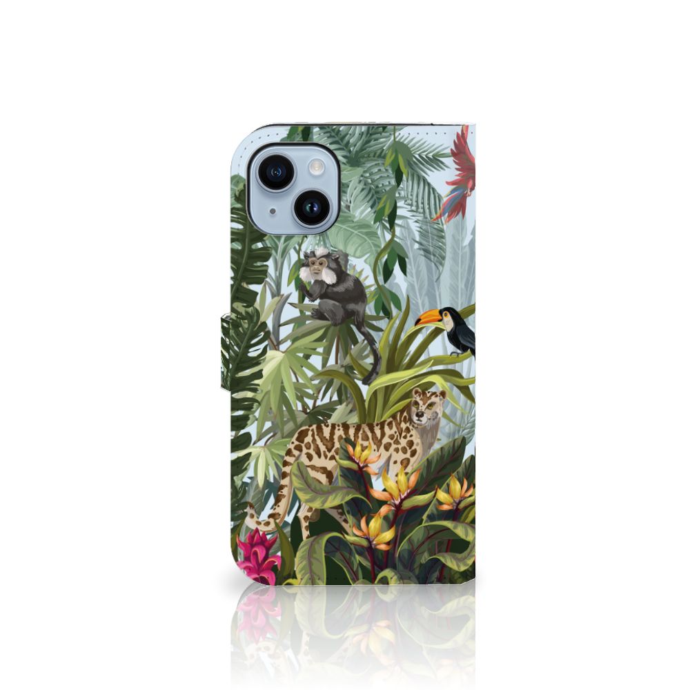 Telefoonhoesje met Pasjes voor iPhone 15 Plus Jungle met jungle dieren zoals een aap, toekans en een jaguar 🐆.