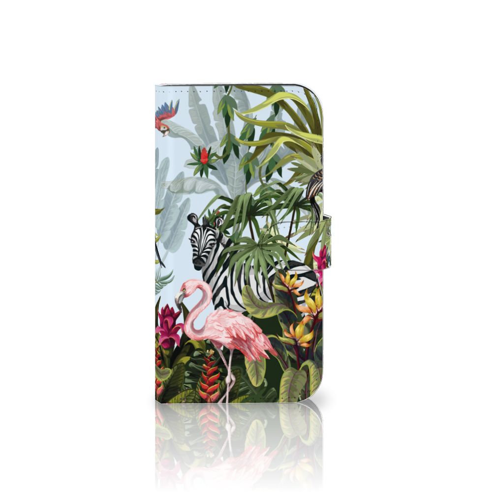 Telefoonhoesje met Pasjes voor iPhone 15 Plus Jungle met een flamingo 🦩 en zebra 🦓 in een tropisch design.
