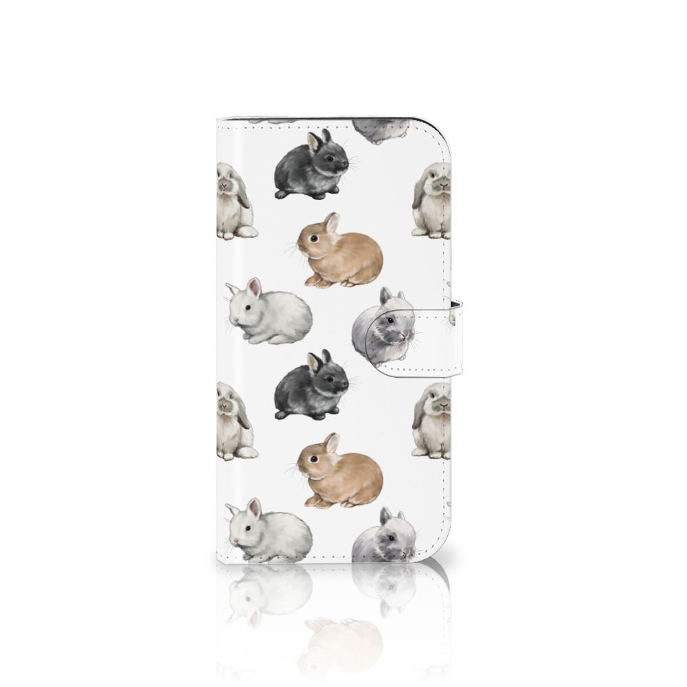 Telefoonhoesje met Pasjes voor iPhone 15 Plus Konijntjes met schattige konijntjes op witte achtergrond.