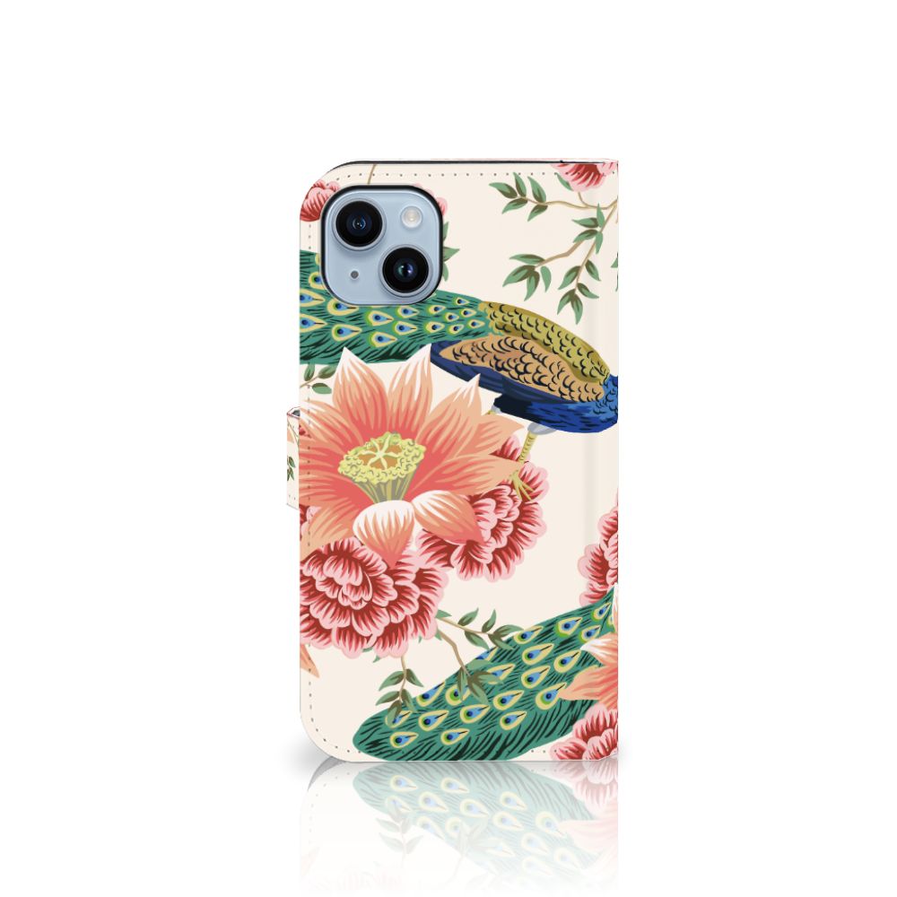 Telefoonhoesje met Pasjes voor iPhone 15 Plus Pink Peacock met kleurrijke pauwen en bloemen 🌸.