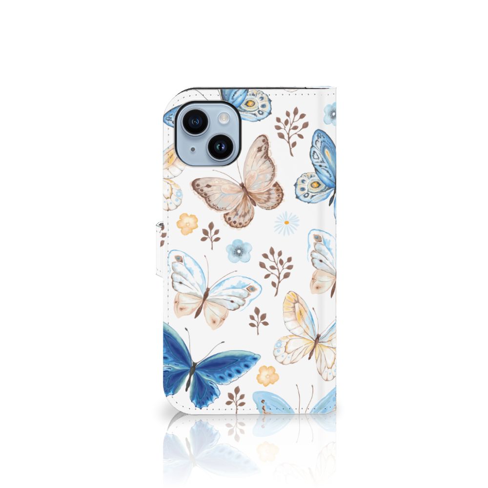Telefoonhoesje met Pasjes voor iPhone 15 Plus Vlinder met kleurrijke vlinders 🦋 op een witte achtergrond.