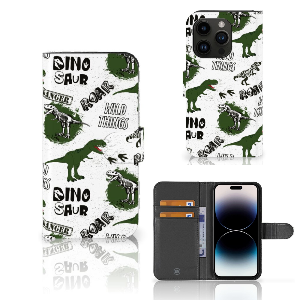 Telefoonhoesje met Pasjes voor iPhone 15 Pro Dinosaurus met dino design en ruimte voor 3 pasjes 🦖