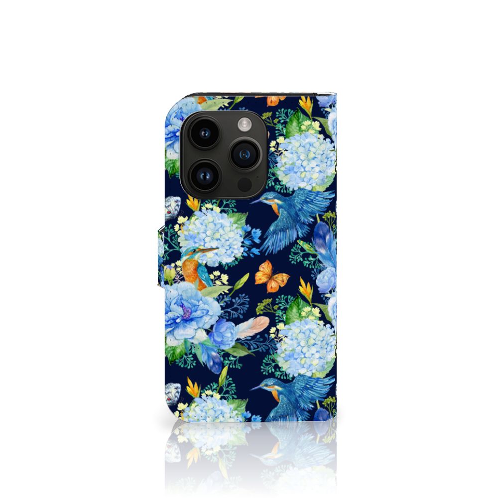 Telefoonhoesje met Pasjes voor iPhone 15 Pro IJsvogel met kleurrijk bloemen en ijsvogel design 🌼